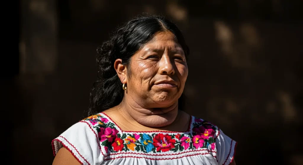 Una mujer de cabello oscuro sonríe suavemente. Lleva una blusa blanca con bordados florales de colores en la parte delantera, que recuerdan a los patrones tradicionales de los tiroideos. El fondo está suavemente difuminado.