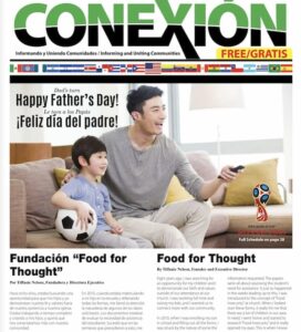 Portada de la edición mensual de la revista "Conexión" con un hombre sonriente y un niño con un balón de fútbol celebrando el Día del Padre. El titular dice "¡Feliz Día del Padre!" y "¡Feliz día del padre!". Incluye un artículo sobre "Alimentos para el pensamiento" con una imagen del trofeo de la Copa Mundial de la FIFA.