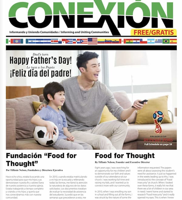 Portada de la edición mensual de la revista "Conexión" con un hombre sonriente y un niño con un balón de fútbol celebrando el Día del Padre. El titular dice "¡Feliz Día del Padre!" y "¡Feliz día del padre!". Incluye un artículo sobre "Alimentos para el pensamiento" con una imagen del trofeo de la Copa Mundial de la FIFA.