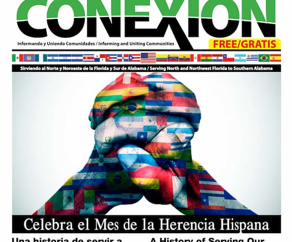 Imagen de la portada de septiembre de 2019 de una revista titulada "Conexión", que muestra la silueta de una persona que usa varias banderas de diferentes países de habla hispana como relleno. El texto incluye "Celebra el Mes de la Herencia Hispana" y "Una historia de servir a nuestros" tanto en español como en inglés.