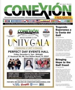 Portada de la edición de noviembre de 2019 de la revista "CONEXIÓN", que muestra el evento "UNITY GALA" que se llevará a cabo el 6 de diciembre en Fort Walton Beach, FL. La portada presenta artículos titulados "Trayendo esperanza a la Costa del Golfo" y "Bringing Hope to the Gulf Coast". La revista es gratuita y bilingüe.