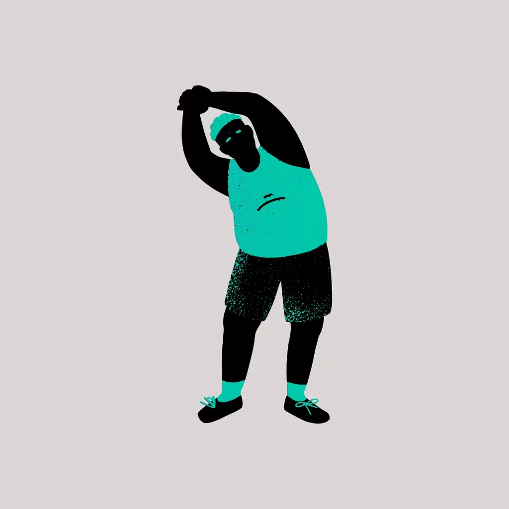 Illustration of a person in workout attire performing a side stretch. The individual, dressed in a green tank top, shorts, and sneakers, embodies the spirit of "Let’s exercise!" The plain light gray background highlights their focus as they extend their arms overhead, leaning to one side.