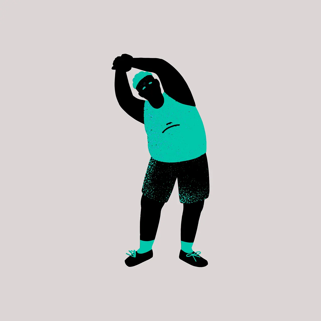 Illustration of a person in workout attire performing a side stretch. The individual, dressed in a green tank top, shorts, and sneakers, embodies the spirit of "Let’s exercise!" The plain light gray background highlights their focus as they extend their arms overhead, leaning to one side.