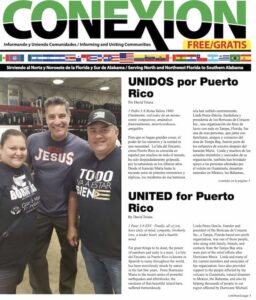 La portada de un periódico titulado "CONEXIÓN" con el titular "UNIDOS por Puerto Rico". Una foto muestra a tres personas sonriendo a la cámara. El artículo habla de los esfuerzos comunitarios por Puerto Rico. El texto está en español e inglés, lo que refleja el espíritu de Conexión de febrero de 2020.