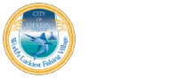 Seal of the City of Destin, Florida, with text "World's Luckiest Fishing Village" and an illustration featuring a marlin fish, sunset, and a boat. Amidst its growing popularity highlighted by recent census data, "City of Destin Florida" is displayed in bold, white text beside the seal.