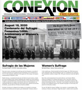 Página de un periódico titulada "CONEXION Agosto 2020". La fecha es el 18 de agosto de 2020 y el artículo principal celebra el centenario del sufragio femenino. Incluye imágenes de mujeres vestidas con ropa de época sosteniendo carteles. Los artículos están escritos tanto en español como en inglés.