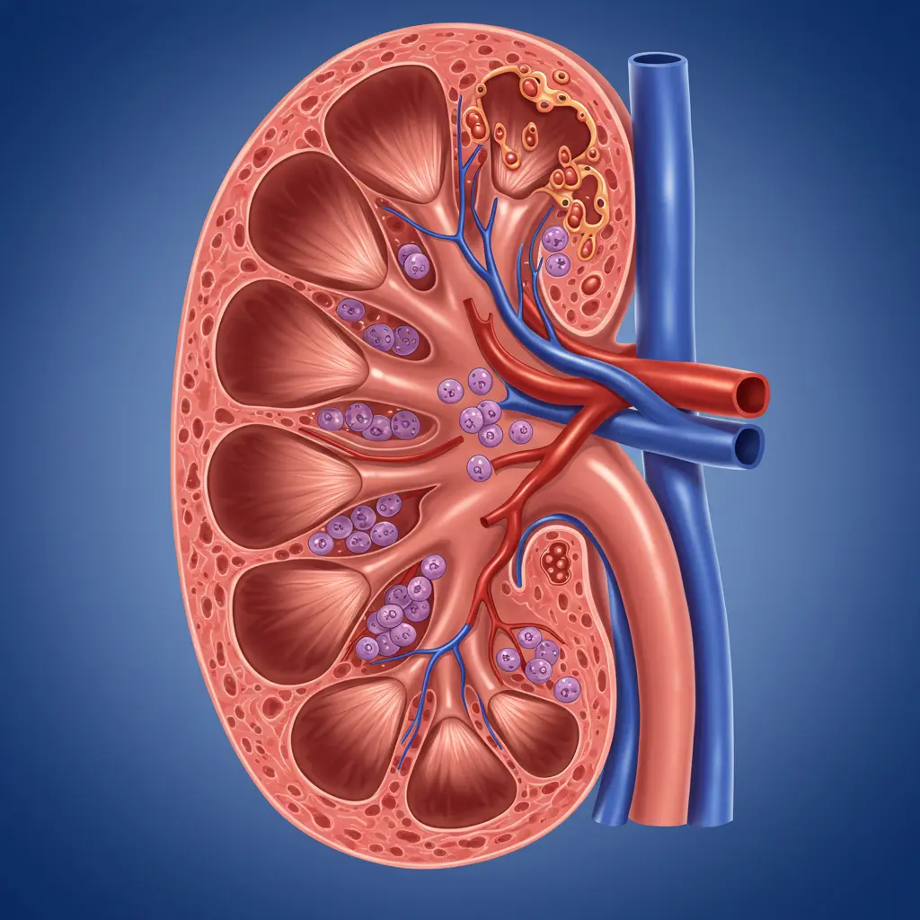 Ilustración de un corte transversal de riñón humano sobre un fondo azul, en el que se muestran las estructuras internas, como la corteza, la médula, las nefronas y la arteria renal en rojo y la vena en azul. Una representación detallada del sistema de filtrado del riñón resalta problemas como la insuficiencia renal.