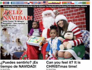 Un Papá Noel se sienta con una joven vestida de duende y dos niños frente a un fondo festivo. El texto dice: "¡Feliz Navidad!" y "¿Puedes sentirlo? ¡Es tiempo de Navidad!". También se ven varios saludos navideños en español e inglés en la imagen, marcada con Conexión Florida Diciembre 2020.