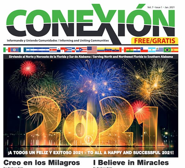 Portada de la revista Conexión, número de enero de 2021. El titular muestra "2021" con fuegos artificiales de fondo. La edición es bilingüe, con texto en español e inglés. En la parte superior se muestran banderas de varios países. En la parte inferior se encuentra la frase "Creo en los Milagros".