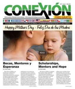 Portada de la revista bilingüe "CONEXIÓN Florida" edición de mayo de 2021. Presenta un saludo por el Día de la Madre y artículos sobre becas, mentores y esperanza. La mitad superior muestra a una mujer abrazando a una niña. El texto está en inglés y español, y la revista está etiquetada como gratuita.