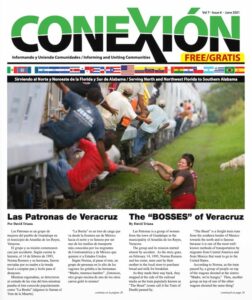 Portada del boletín bilingüe de la edición mensual titulado “CONEXIÓN” de junio de 2021. La imagen principal muestra a personas entregando suministros a personas en un tren que pasa. Los titulares de dos artículos destacados dicen: “Las Patronas de Veracruz” y “Los ‘PATRONES’ de Veracruz”.