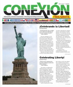 Portada de una publicación bilingüe titulada "CONEXIÓN", que presenta una imagen de la Estatua de la Libertad. El titular dice "¡Celebrando la Libertad!" y "¡Celebrating Liberty!". La edición de julio de 2021 cubre historias relacionadas tanto en español como en inglés.