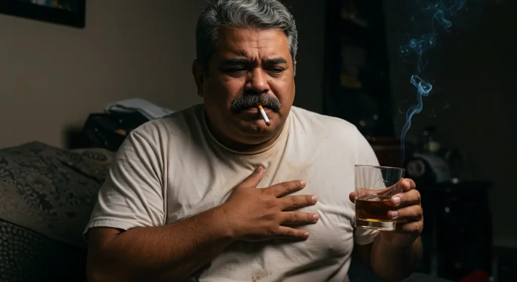 A man with gray hair and a mustache sits indoors, holding a glass of brown liquid in one hand and touching his chest with the other, perhaps signaling heartburn. He has a cigarette in his mouth and appears contemplative. Dim lighting surrounds him.