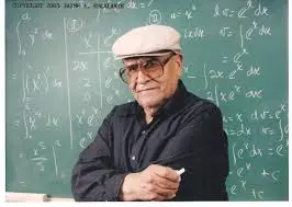 An older man, reminiscent of Jaime Escalante, wearing a white cap and glasses, stands in front of a chalkboard filled with mathematical equations, holding a piece of chalk. Dressed in a black shirt, he has a thoughtful expression.