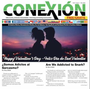 Portada de la edición mensual del boletín bilingüe titulado "CONEXIÓN". La imagen principal muestra la silueta de una pareja contra un fondo escénico. Los titulares dicen "Feliz Día de San Valentín" y los artículos principales se titulan "¿Somos adictos al sarcasmo?" y "¿Somos adictos al sarcasmo?