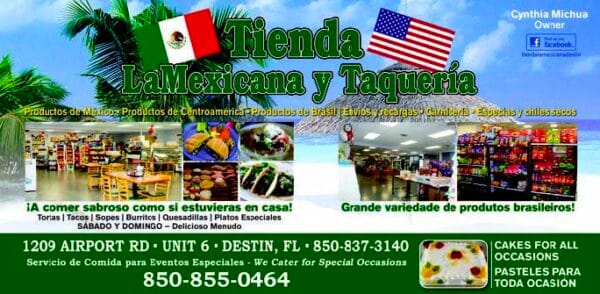 Colorful advertisement banner for Tienda La Mexicana y Taquería featuring Mexican and U.S. flags, store photos, a cake image, contact info, and text highlighting Mexican, Central American, and Brazilian products.