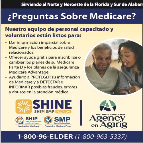 Spanish-language flyer about Medicare assistance features two women reviewing papers. It lists services like free help enrolling in Medicare, answers to any Medicare question, and contact info for SHINE, SMP, and the Agency on Aging.