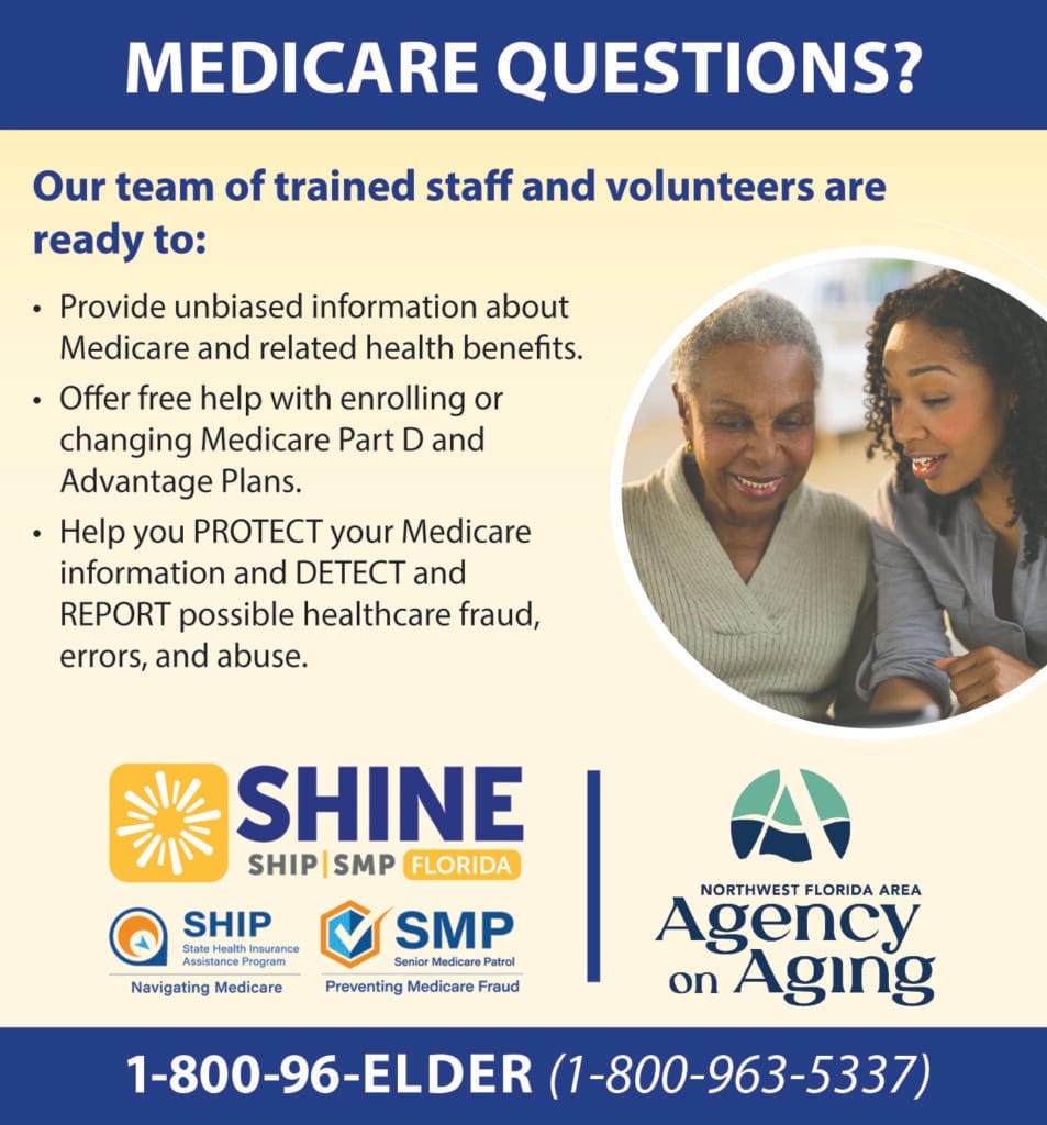 A smiling older woman and a younger woman look at a laptop together. The text offers Medicare help from trained staff at SHINE and the Northwest Florida Area Agency on Aging, including answers to your Medicare questions and a helpline number.