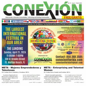 La colorida portada de la edición mensual de CONEXIÓN presenta el titular "¡El festival internacional más grande de nuestra área!" con detalles del evento: 21 de abril de 2024, de 11:00 a. m. a 7:00 p. m. en The Landing, Fort Walton Beach, FL. Incluye artículos sobre mujeres emprendedoras e información de contacto.