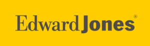 Un fondo amarillo con el texto "Edward Jones" en letras grises, donde "Edward" está en una fuente serif y "Jones" está en una fuente sans-serif en negrita, lo que establece un tono profesional perfecto para aquellos que buscan invertir.