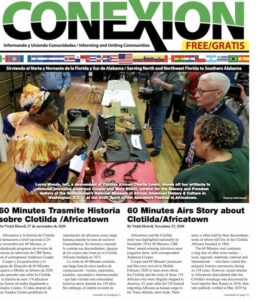 La edición mensual del periódico titulada "CONEXION" presenta un titular sobre 60 Minutes transmitiendo una historia sobre Clotilda/Africatown. Una imagen captura a un grupo de personas conversando, con una persona vistiendo un colorido atuendo tradicional. El texto se presenta tanto en español como en inglés.