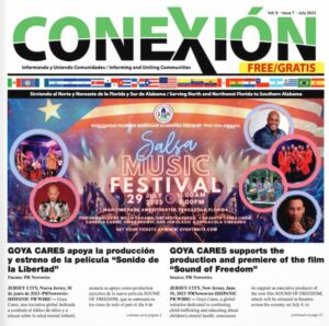 La portada de una revista bilingüe en español e inglés titulada "CONEXION" presenta detalles de un festival de música de salsa que se llevará a cabo el 29 de julio de 2023 en Maritime Park. Esta edición mensual también incluye artículos sobre el apoyo de GOYA CARES a dos películas: "Sonido de la Libertad" y "Sound of Freedom".