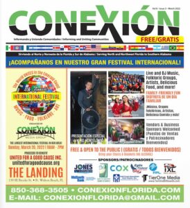 Portada de la edición mensual de la revista "CONEXIÓN" que presenta el 14º Festival Internacional Anual, marzo de 2022. Incluye detalles del festival, logotipos de patrocinadores e información de la comunidad. El banner dice "Free/Gratis" con información de contacto en la parte inferior. Texto en inglés y español.