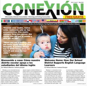 Un boletín titulado "Conexión" con la imagen de una mujer sosteniendo a un niño. Los titulares incluyen una cita de Sophia Loren, "Cuando eres madre, nunca estás realmente sola", y artículos sobre cómo un distrito escolar apoya a los estudiantes de inglés en esta edición mensual.