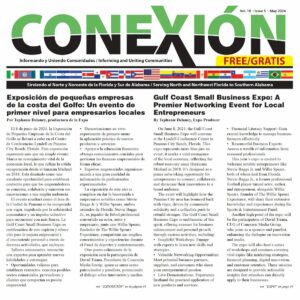 Un boletín informativo bilingüe titulado "Conexión". Contiene artículos en español e inglés sobre la Gulf Coast Small Business Expo. El texto está organizado en dos columnas por idioma, con un encabezado grande y colorido en la parte superior que muestra el título y el subtítulo.