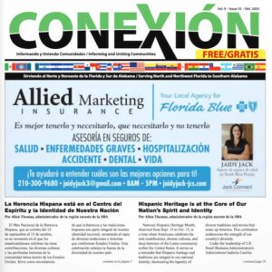 Portada de una revista en español titulada "CONEXIÓN". La edición mensual incluye artículos sobre asesoramiento en seguros de salud y herencia hispana. Se muestra información de contacto para un servicio de Jaidy Jack, junto con un artículo que enfatiza la importancia de la herencia hispana en los EE. UU.