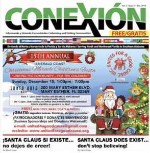 Una colorida portada de revista para la edición mensual de "CONEXION" promociona la 15.ª Fiesta Infantil Anual Milagrosa de Navidad de Emerald Coast. Incluye detalles del evento, fechas e imágenes de Papá Noel. Ubicación del evento: 304 Mary Esther Blvd, Mary Esther, FL 32569, 14 de diciembre de 2019.