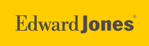 La imagen muestra el logotipo de Edward Jones, con "Edward" en letra minúscula serif y "Jones" en letra mayúscula serif en negrita, ambos en gris oscuro, sobre un fondo amarillo brillante. El diseño refleja sutilmente su compromiso de ayudar a los clientes a invertir de manera inteligente.