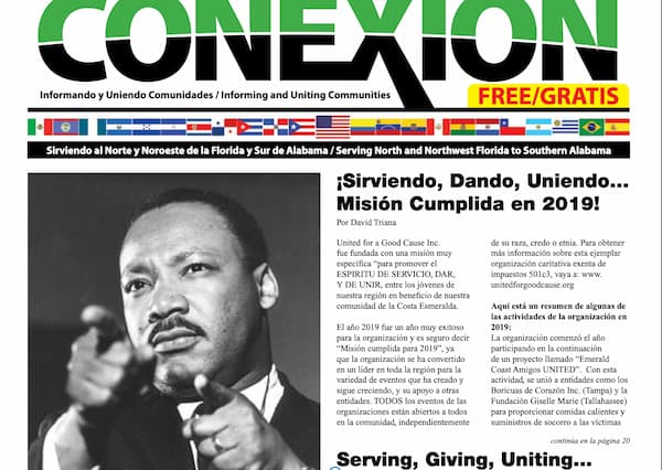 Portada de periódico con el titular "CONEXION Edición Mensual" en la parte superior, acompañado de una imagen de Martin Luther King Jr. señalando enfáticamente. Los títulos de los artículos están en español e inglés y tratan temas de servicio y comunidad. Banderas nacionales bordean la sección superior.