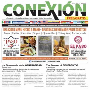 Portada del periódico mensual de Conexión, con anuncios del restaurante "El Paso Mexican Grill" con imágenes de platos y artículos en español e inglés sobre la temporada de la generosidad. El encabezado muestra el título del periódico y las regiones a las que sirve.