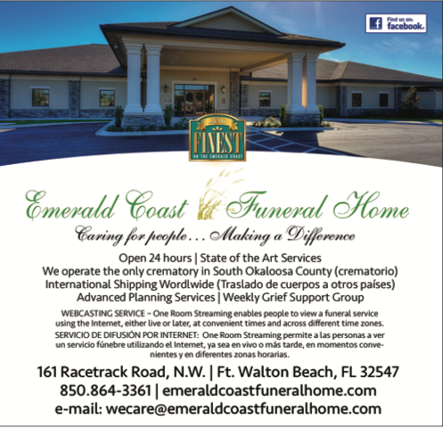 Emerald Coast Funeral Home building with its logo and contact info; text highlights 24-hour service, cremation, planning, grief support, and translation services at this trusted funeral home in Fort Walton Beach, FL.