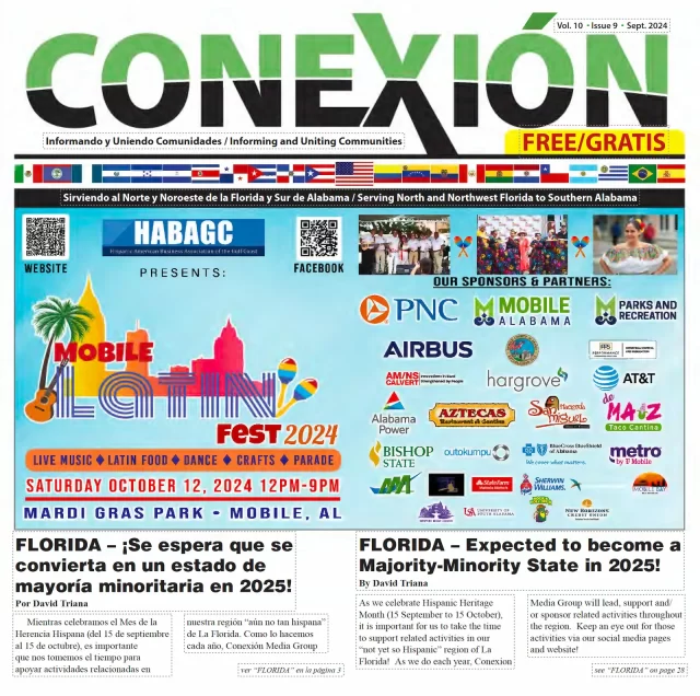 La portada del periódico "CONEXIÓN", con un gran titular sobre el "Mobile Latin Fest 2024" del 12 de octubre de 2024. Incluye logotipos de patrocinadores, detalles del evento y artículos en inglés y español sobre la demografía de Florida, con elementos de diseño coloridos.