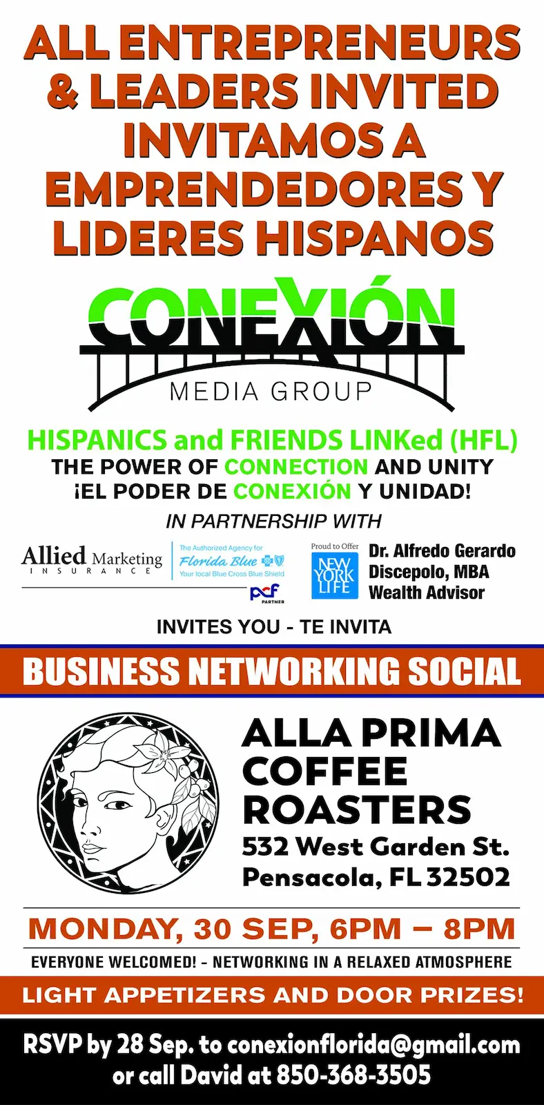 Flyer for a business networking social event hosted by Conexion Media Group at Alla Prima Coffee Roasters in Pensacola, FL on Monday, September 30, from 6 PM to 8 PM. The event invites Hispanic entrepreneurs and leaders, features light appetizers, and has door prizes. Bring your friends!