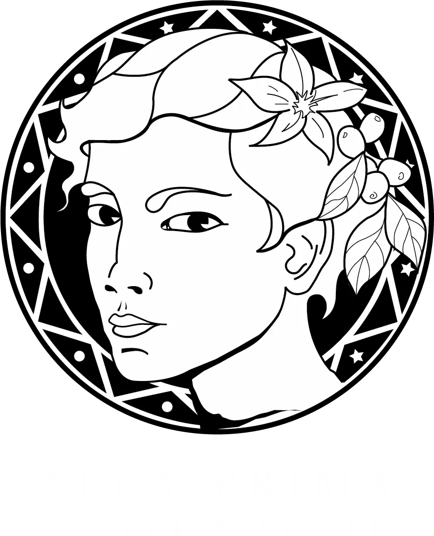 Black and white illustration of a person's face within a circle with geometric and star designs. The person has flowers and leaves in their hair. Below the illustration is text that reads "ALLA PRIMA PITTI IMMAGINE." Perfect for coffee lovers, this design blends art with the essence of coffee culture.