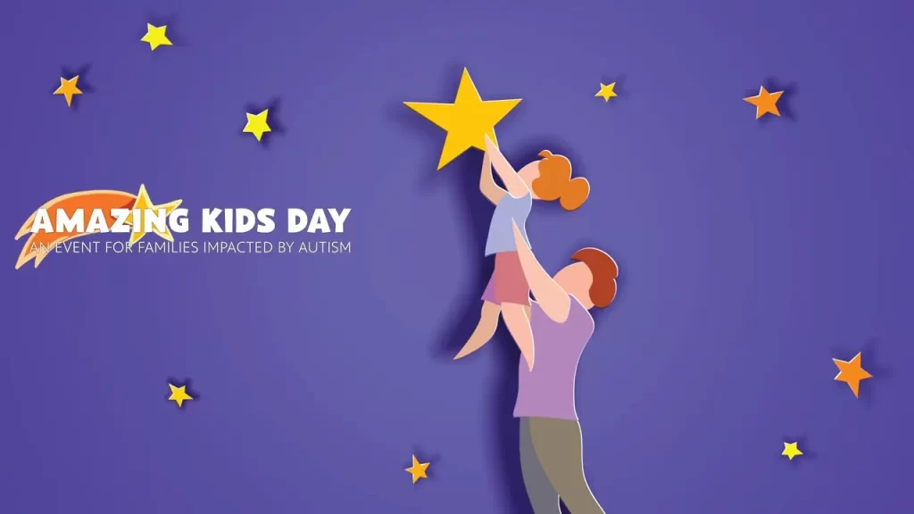 Ilustración de un padre que levanta a su hijo hacia una estrella sobre un fondo violeta con estrellas dispersas. El texto dice "Día de los niños asombrosos: un evento para familias afectadas por el autismo". Una estrella fugaz se desplaza junto al texto.