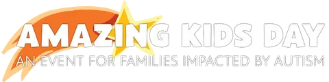 Logo for "Amazing Kids Day: An Event for Families Impacted by Autism." The text is set against a colorful backdrop featuring an orange and yellow starburst design.