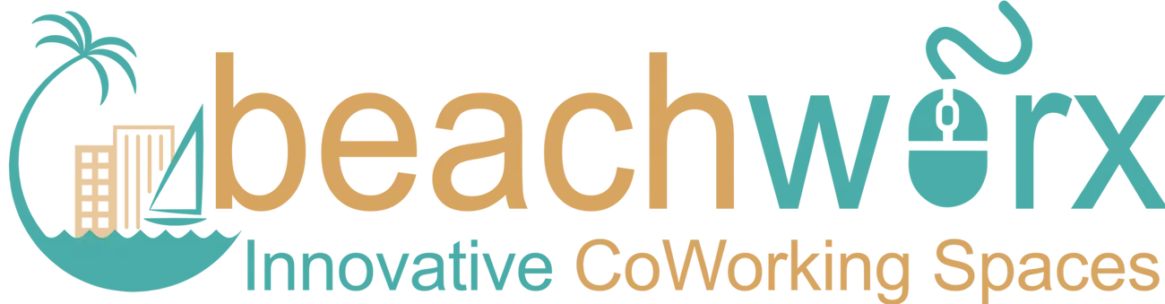 Logotipo de Beachworx que muestra una elegante palmera y un sol sobre el texto. Las palabras "Innovative Coworking Spaces" (Espacios de coworking innovadores) se muestran elegantemente debajo, capturando la esencia de la vibrante comunidad de Beachworx.