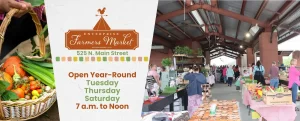 A basket of fresh vegetables is shown on the left. In the center, a sign reads "Enterprise Farmers Market" with location and hours. On the right, people are shopping at vendors' booths under a covered area.