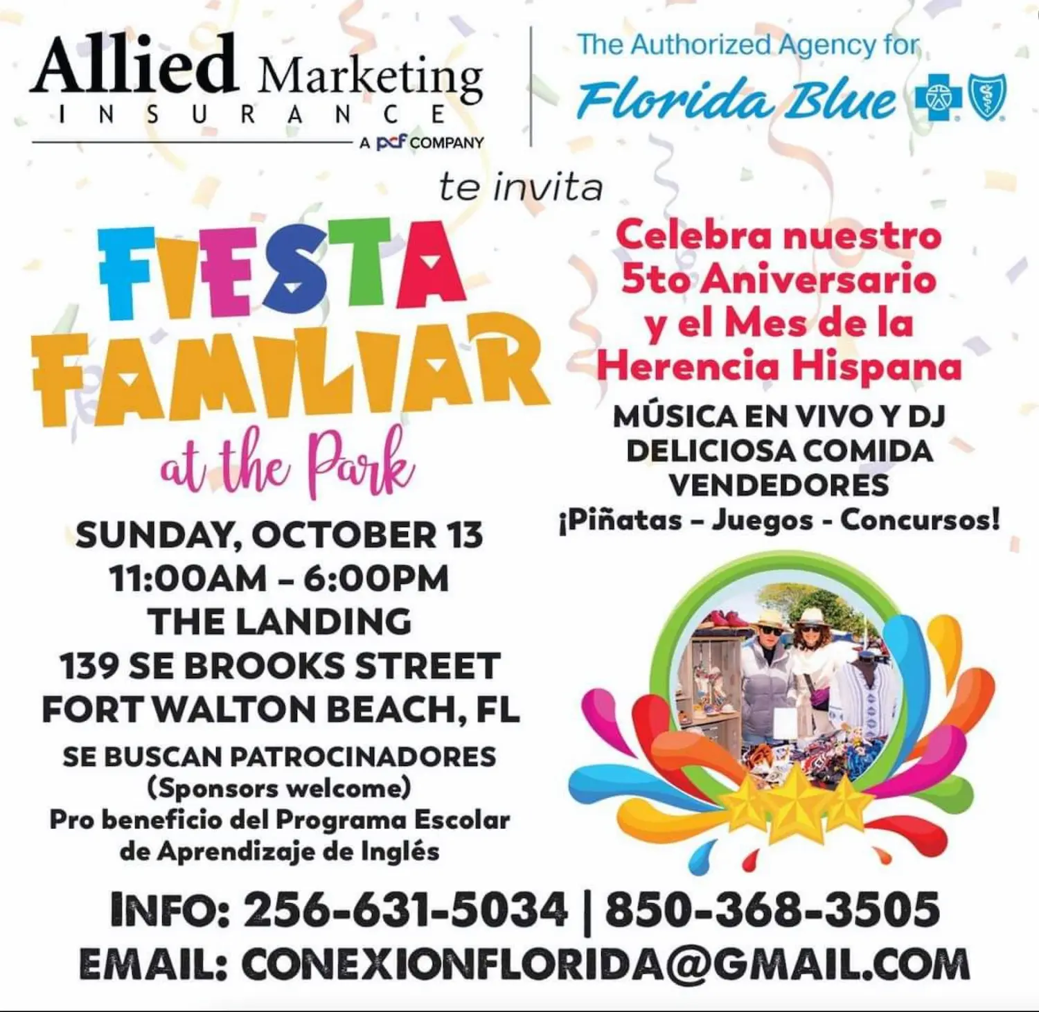 Folleto del evento Fiesta Familiar en The Park con detalles: domingo 13 de octubre, de 11:00 a. m. a 6:00 p. m. en The Landing, Fort Walton Beach, FL. Incluye música en vivo, comida, piñatas y juegos. Teléfono: 256-631-5034, 850-368-5305. Correo electrónico: conexionflorida@gmail.com.