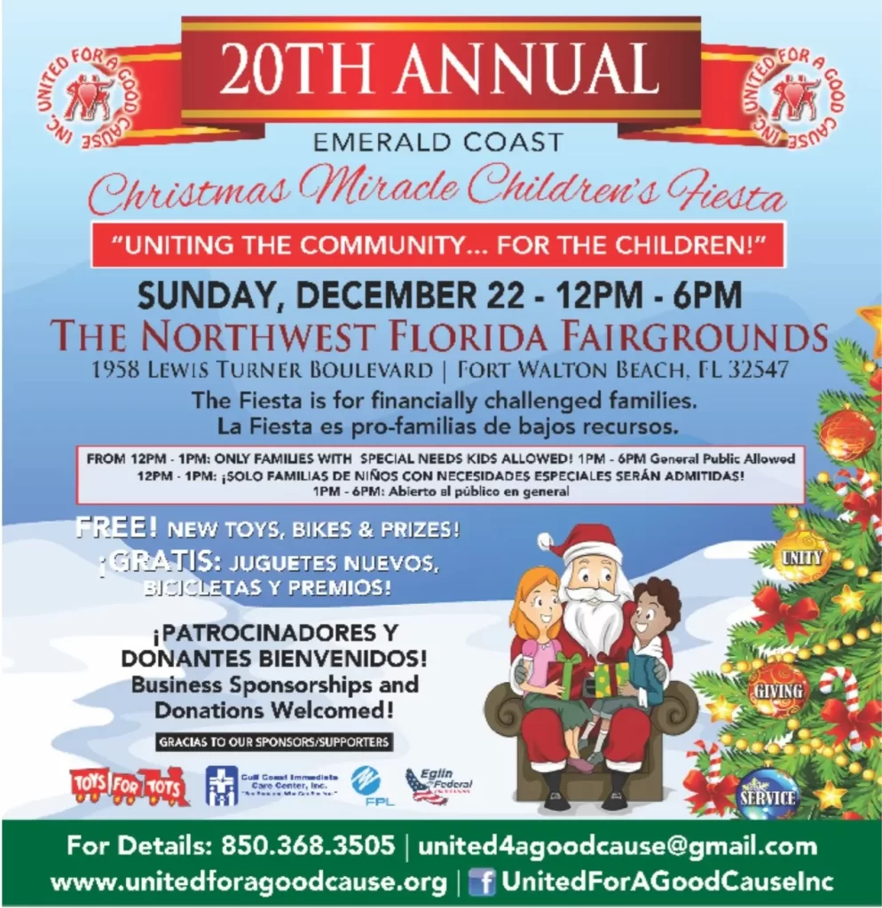 Join us for the 20th Annual Christmas Miracle Children's Fiesta on the Emerald Coast! This festive flyer showcases event details, location, activities, donation opportunities, and delightful images of Santa, toys, and sparkling decorations. Celebrate with joy and generosity!