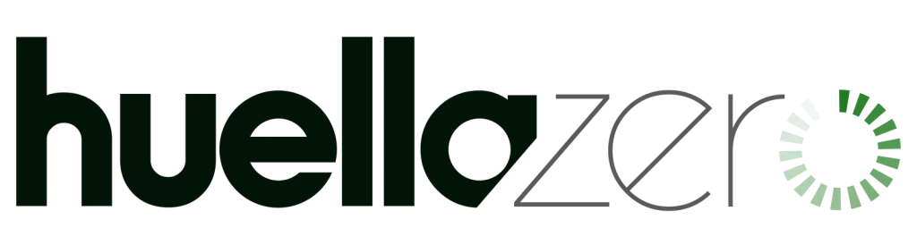 The image shows the Huella Zero logo, featuring the text "huella zero" in green and gray lowercase letters. The "o" is designed with a green radial pattern resembling leaves, symbolizing eco-friendliness.
