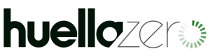 The image shows the Huella Zero logo, featuring the text "huella zero" in green and gray lowercase letters. The "o" is designed with a green radial pattern resembling leaves, symbolizing eco-friendliness.