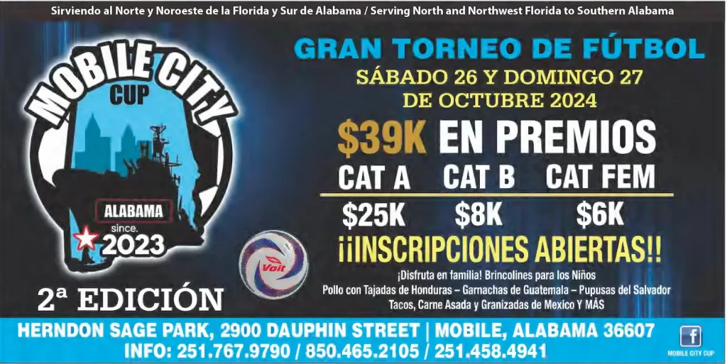 Afiche del torneo de fútbol de la 2.ª Mobile City Cup en Alabama. Ofrece $39 000 en premios en todas las categorías, con fechas del 26 al 27 de octubre de 2024. Incluye logotipos de patrocinadores e información de contacto en Herndon Sage Park, Mobile, Alabama. Inscripción abierta.