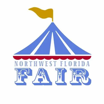 Logo of the Northwest Florida Fairgrounds featuring a blue and white striped circus tent with a yellow flag on top. The text "Northwest Florida Fair" is written below in stylized, colorful letters.