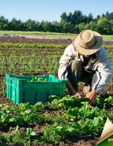 A farmer wearing a straw hat and long-sleeved shirt is kneeling and harvesting leafy greens from a field. A green crate full of produce is beside them. The sky is clear and blue, and trees line the horizon.