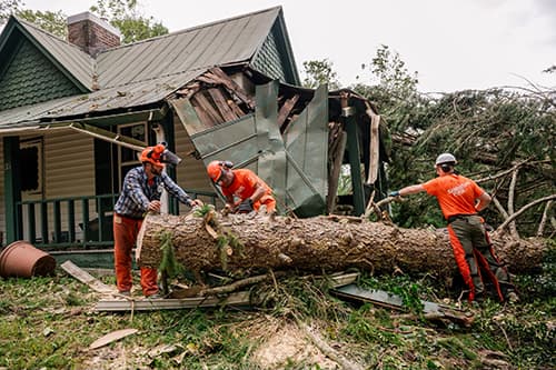 Three workers in safety gear cut a large fallen tree in front of a damaged house. The tree has crushed part of the roof and siding. Debris and branches are scattered around the area.